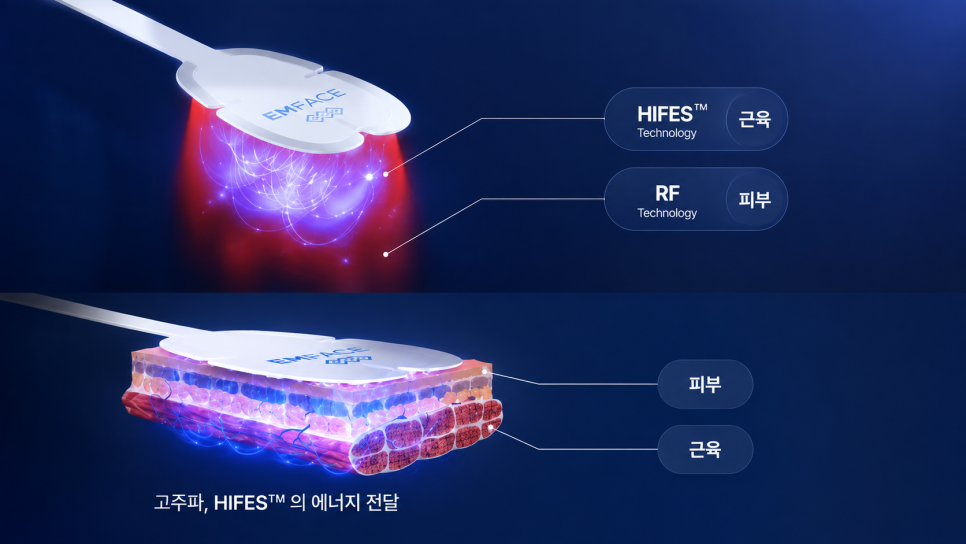 엠페이스의 HIFES와 고주파가 피부와 근육에 에너지를 전달하는 모습