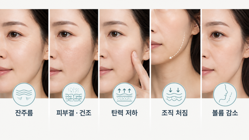 잔주름, 피부결·건조, 탄력 저하, 조직 처짐, 볼륨 감소를 얼굴 부위별로 나란히 비교한 이미지