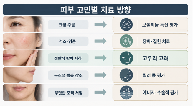 표정 주름은 보툴리눔 톡신, 건조·염증은 장벽 치료, 전반적 탄력 저하는 고우리, 구조적 볼륨 감소는 필러, 뚜렷한 조직 처짐은 에너지·수술적 평가로 연결한 고민별 치료 방향