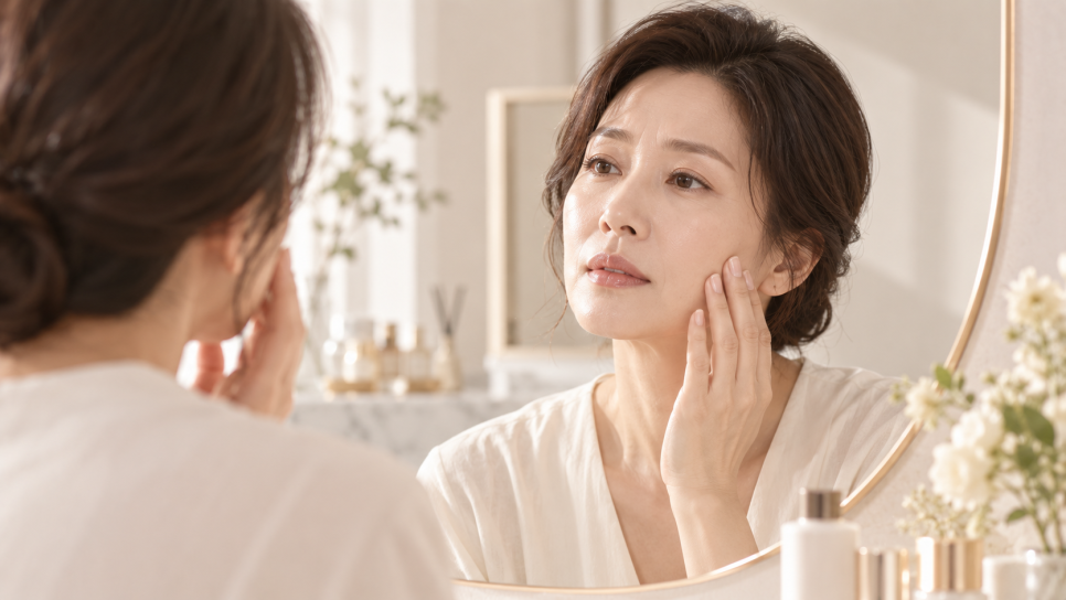 거울 앞에서 볼 부위를 손으로 살피며 피부 상태를 확인하는 모습을 담은 이미지
