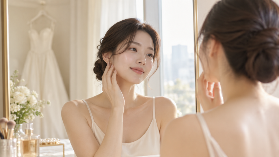 웨딩드레스가 걸린 방에서 거울을 보며 피부를 살피는 모습을 담은 이미지