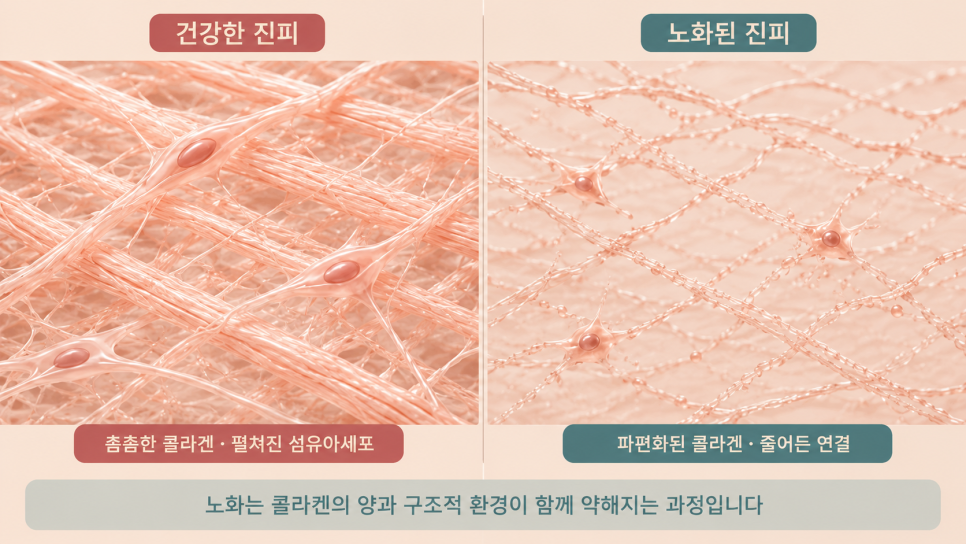 건강한 진피와 노화된 진피의 콜라겐 구조와 섬유아세포를 비교한 이미지