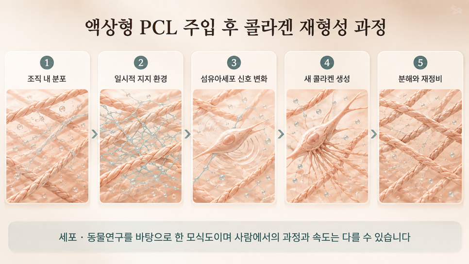 액상형 PCL 주입 후 조직 내 분포부터 분해와 재정비까지 이어지는 콜라겐 재형성 과정을 5단계로 나타낸 그림