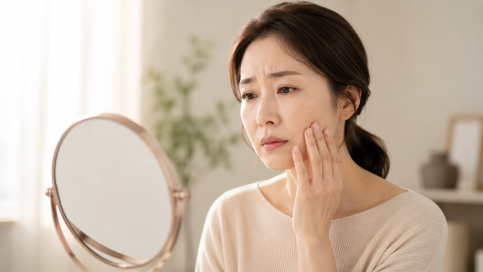 거울 앞에서 볼 부위의 탄력을 살펴보는 모습을 담은 이미지