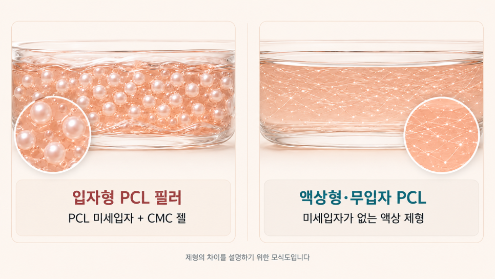 입자형 PCL 필러와 액상형·무입자 PCL의 제형 차이를 표현한 모식도