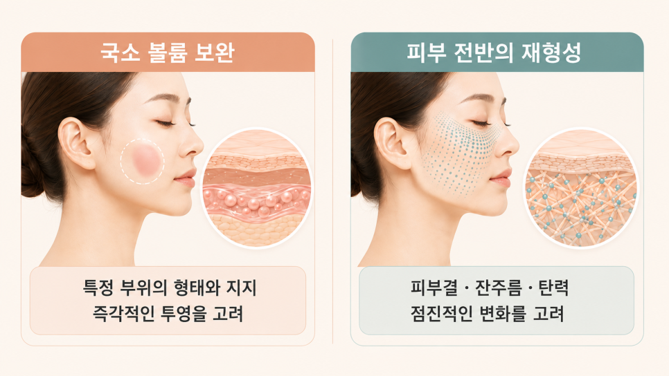 국소 볼륨 보완과 피부 전반의 재형성을 비교해 보여주는 이미지