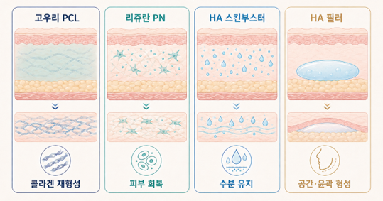 고우리 PCL은 콜라겐 재형성, 리쥬란 PN은 피부 회복, HA 스킨부스터는 수분 유지, HA 필러는 공간·윤곽 형성으로 피부 단면에서 작용 방식을 비교한 그림