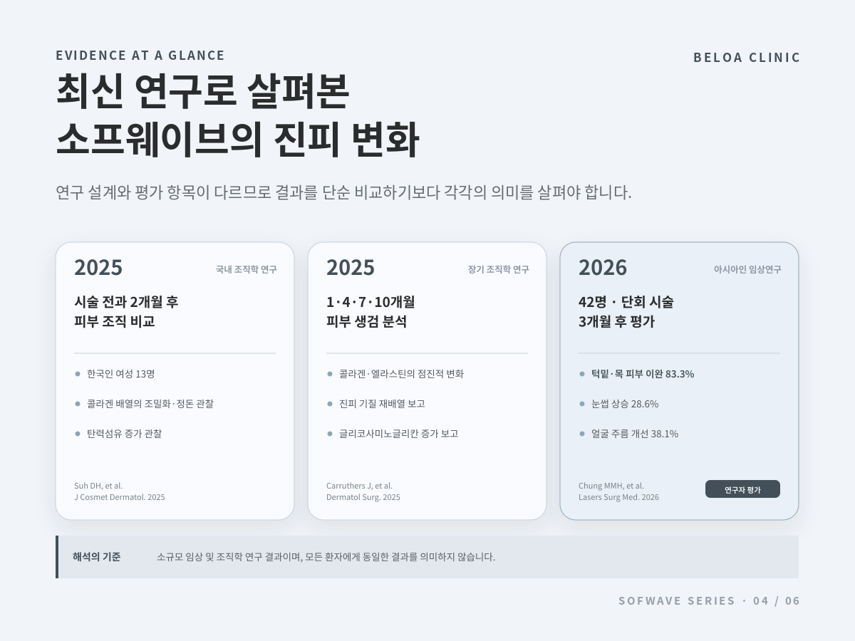 2025~2026년 소프웨이브 조직학·임상 연구 3건을 요약한 표