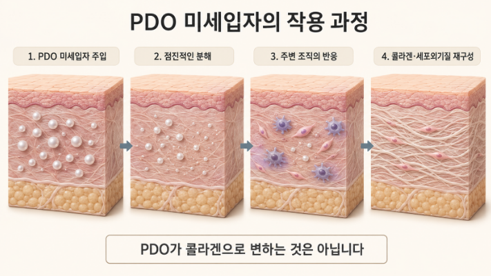 PDO 미세입자가 주입되어 분해되고 콜라겐이 재구성되는 과정을 4단계로 나타낸 그림