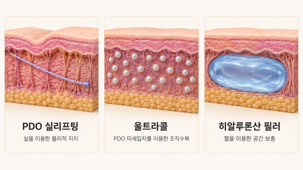 PDO 실리프팅·울트라콜·히알루론산 필러의 작용 방식을 비교한 피부 단면도