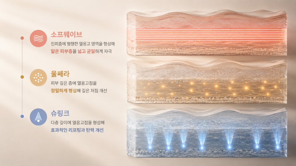 소프웨이브·울쎄라·슈링크의 에너지 전달 방식을 비교한 피부 단면 이미지
